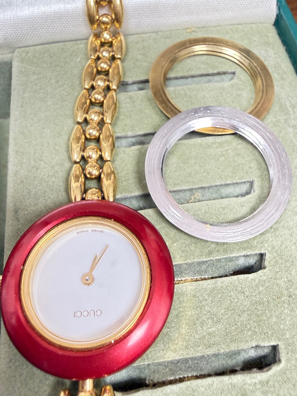 Gucci Gold Chain Watch With Red Bezel And White Dial